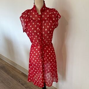 Tramp Red and White Sheer Polka Dot Dress M/L Sparkly Ribbon Belt Pin-up